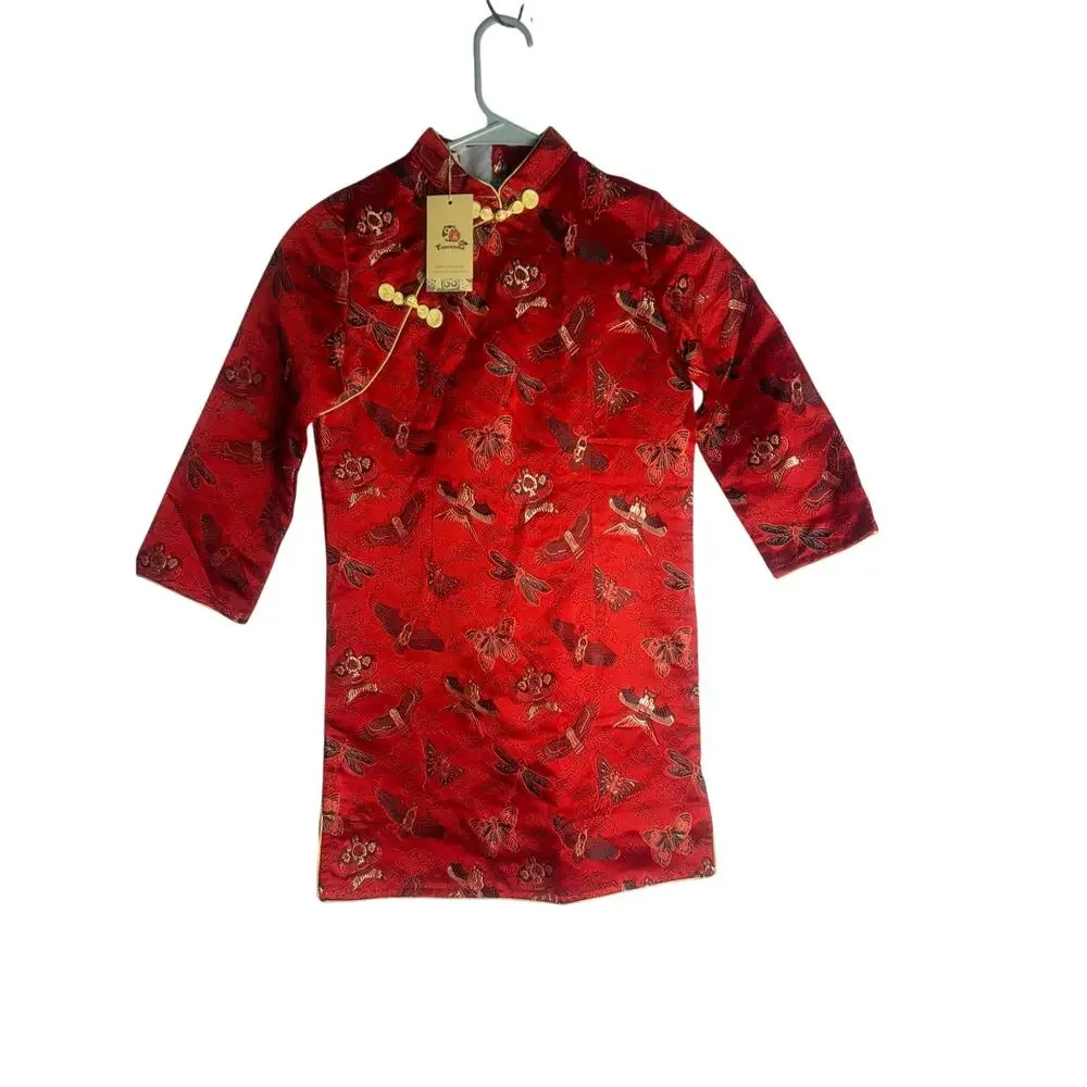Tonglehui Girls Red Satin Jacquard Chinese Top - Traditional  Size 140 (US 8/10)